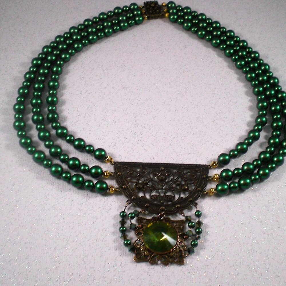 Emerald Forest Necklace; Choker style, Handmade, Couture